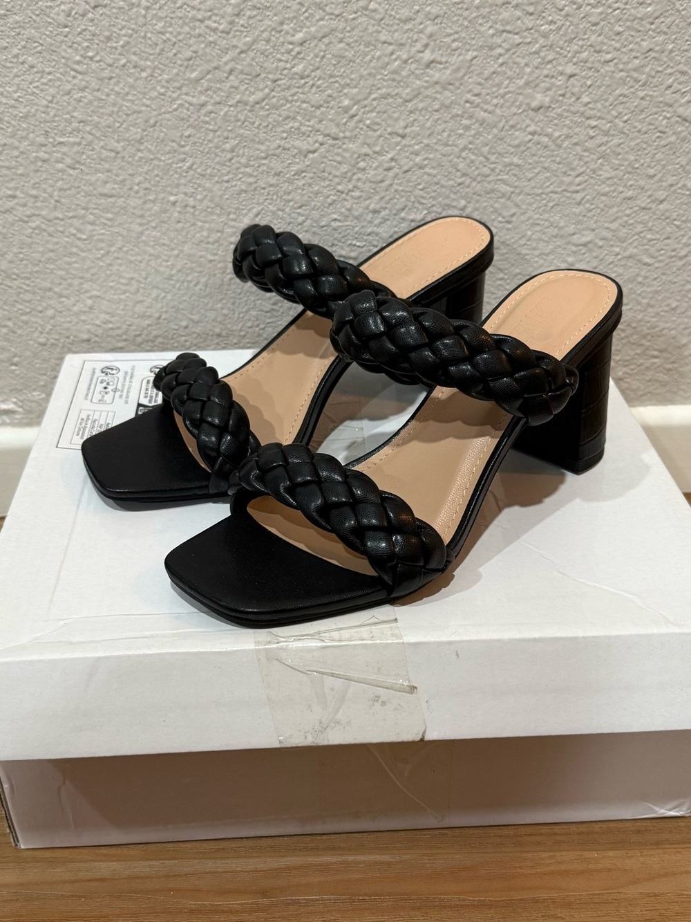 Women's Black Braided Double-Strap Block Heel Sandals